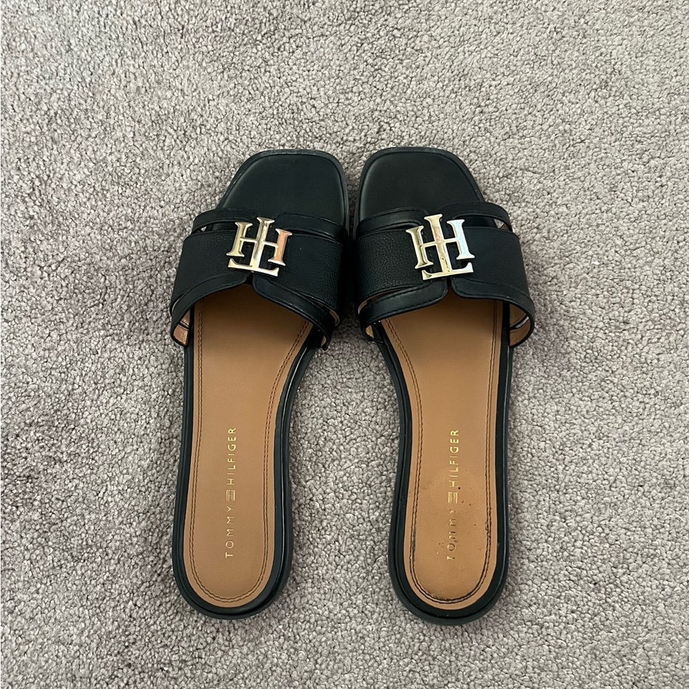 Tommy Hilfiger Black and Gold Women's Sandals